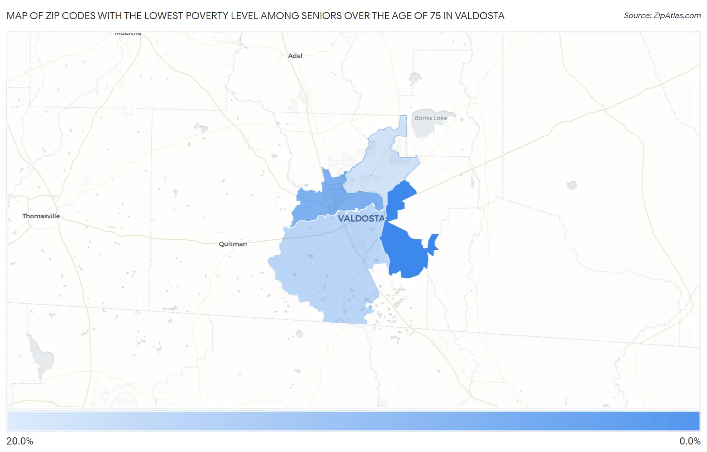 Zip Codes with the Lowest Poverty Level Among Seniors Over the Age of 75 in Valdosta Map