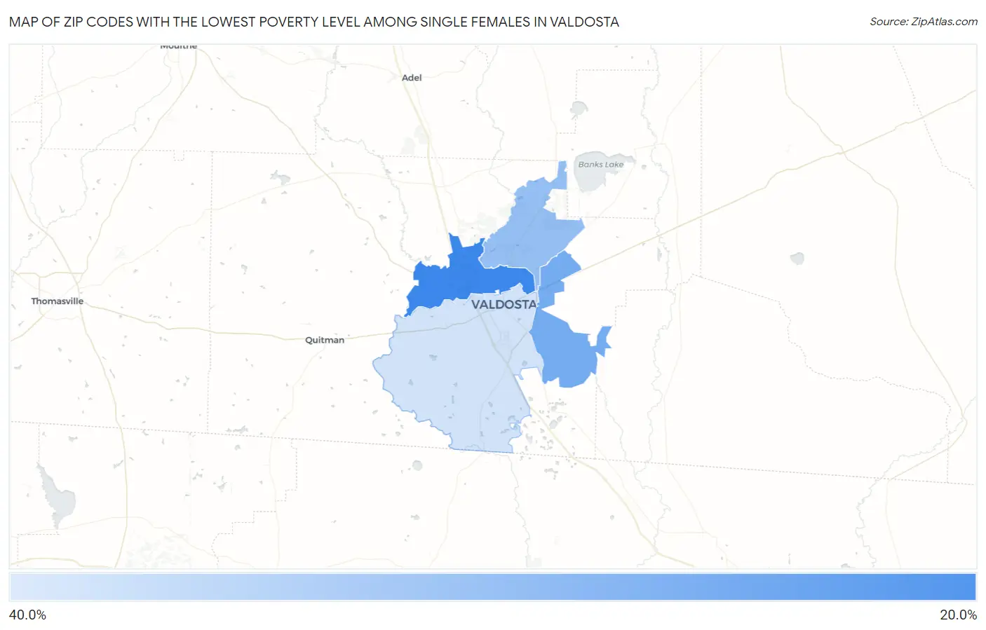 Zip Codes with the Lowest Poverty Level Among Single Females in Valdosta Map