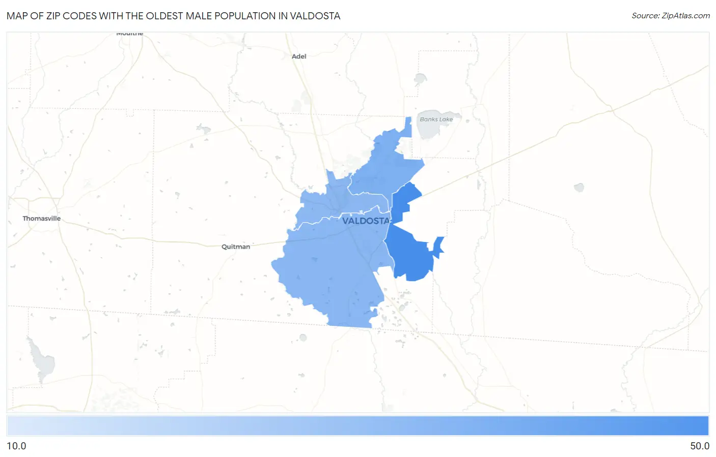 Zip Codes with the Oldest Male Population in Valdosta Map
