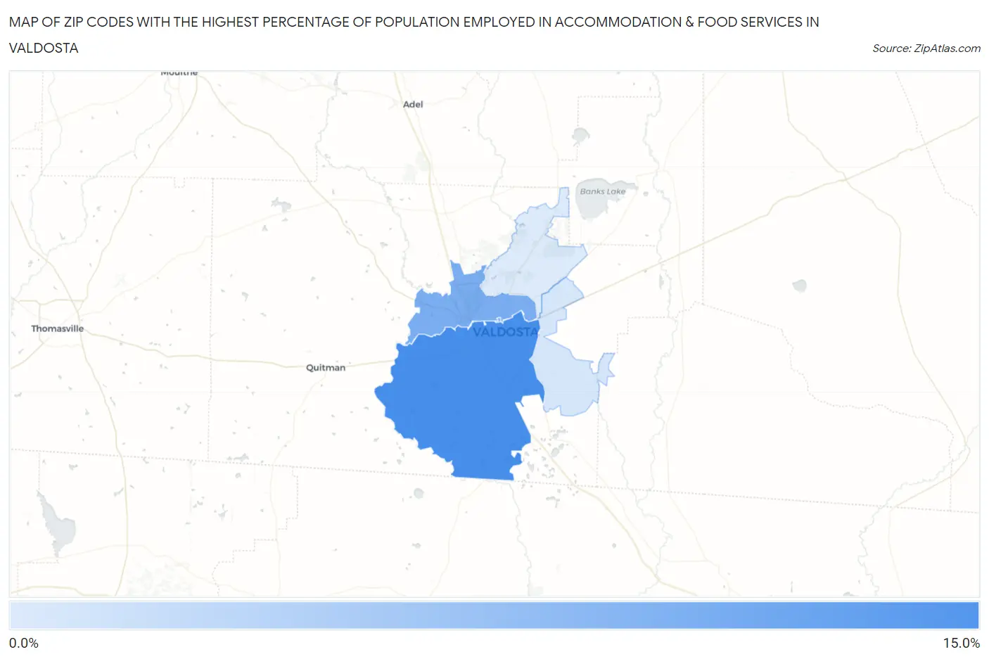 Zip Codes with the Highest Percentage of Population Employed in Accommodation & Food Services in Valdosta Map
