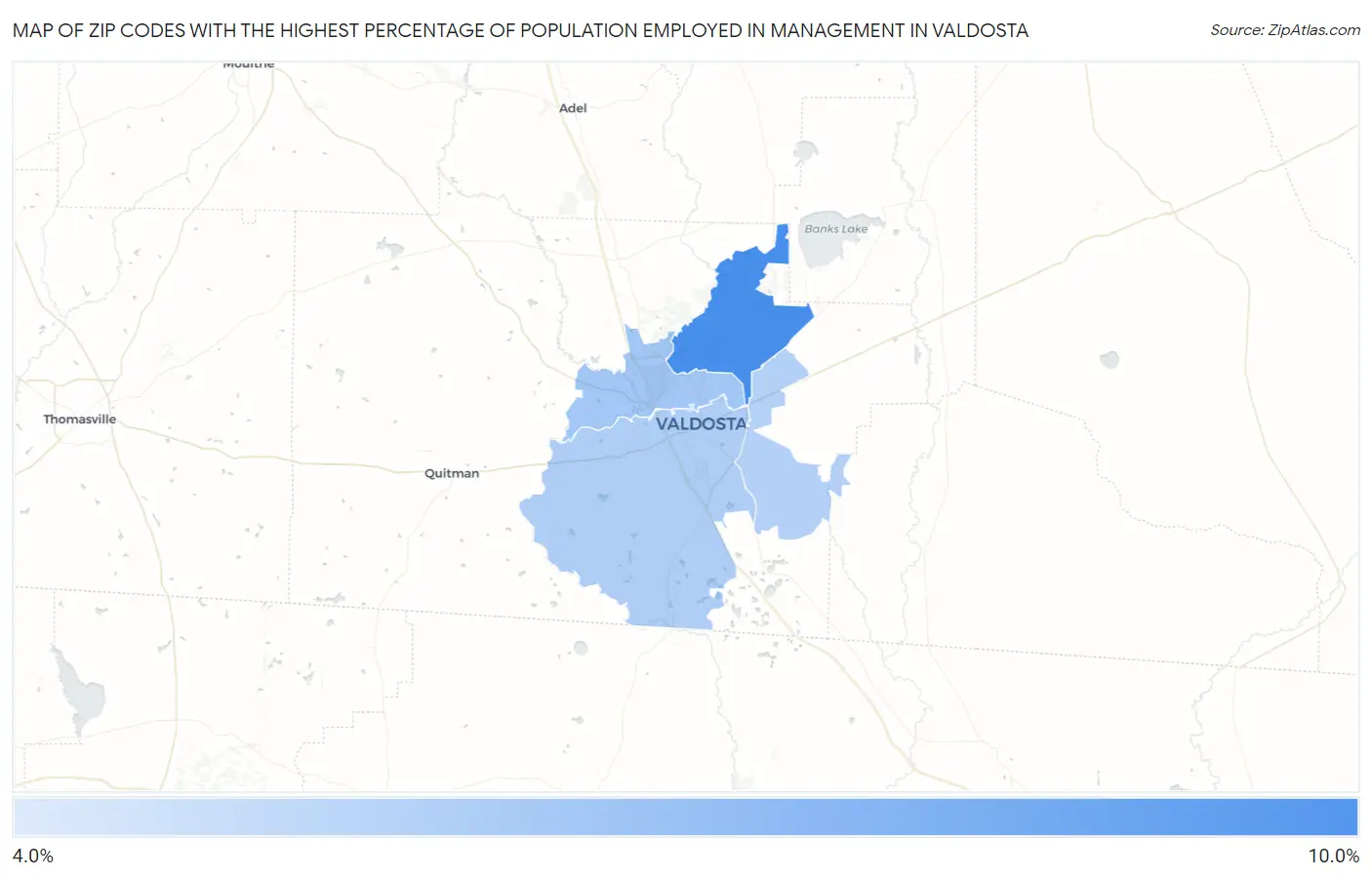 Zip Codes with the Highest Percentage of Population Employed in Management in Valdosta Map