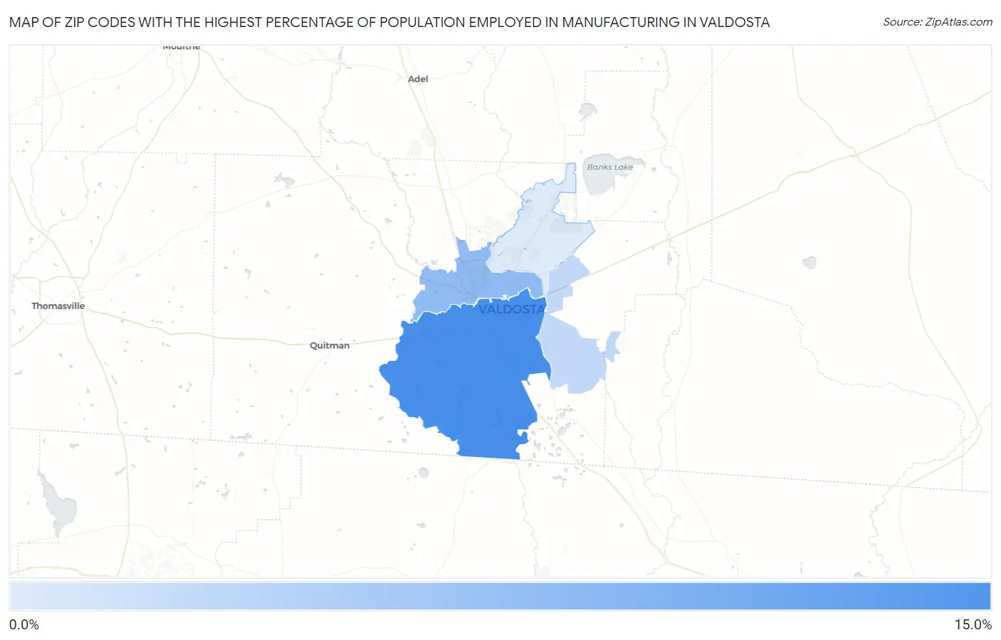 Zip Codes with the Highest Percentage of Population Employed in Manufacturing in Valdosta Map