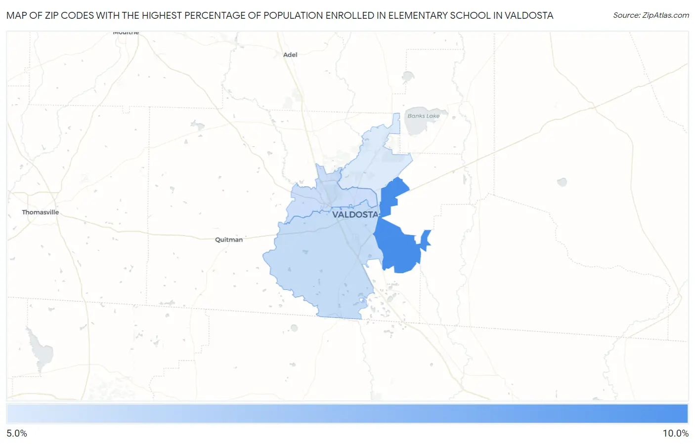 Zip Codes with the Highest Percentage of Population Enrolled in Elementary School in Valdosta Map