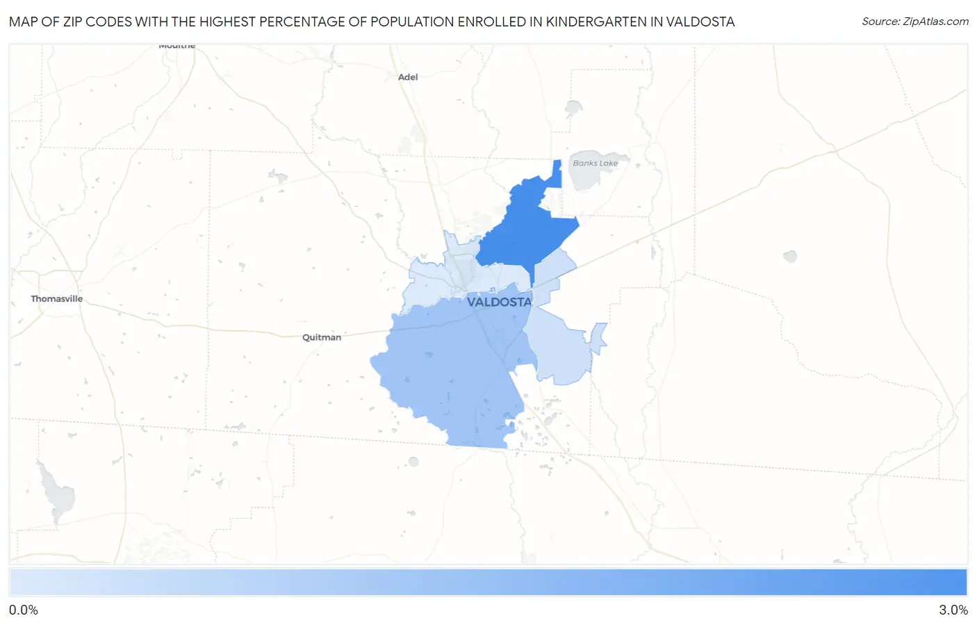Zip Codes with the Highest Percentage of Population Enrolled in Kindergarten in Valdosta Map