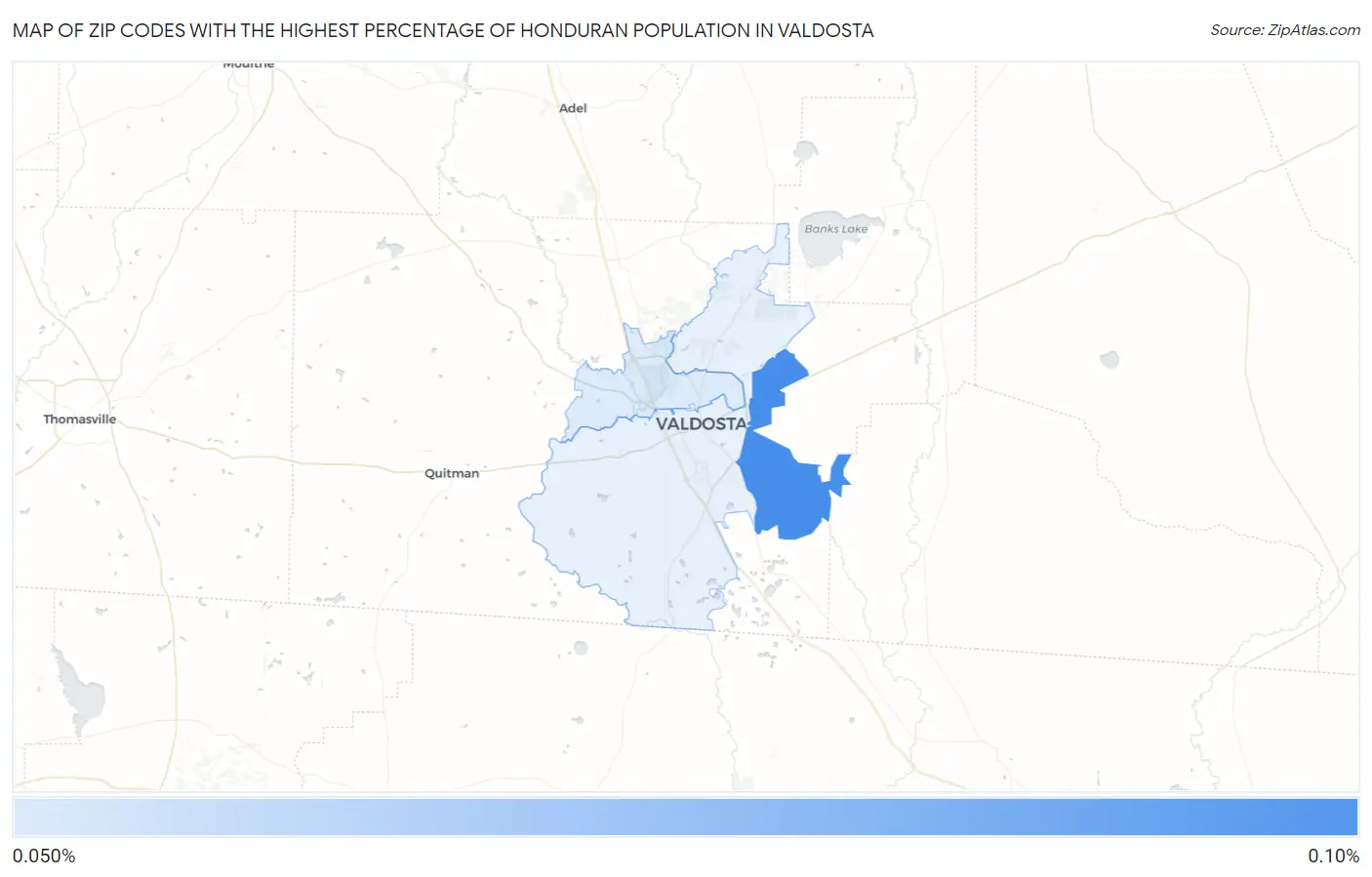 Zip Codes with the Highest Percentage of Honduran Population in Valdosta Map