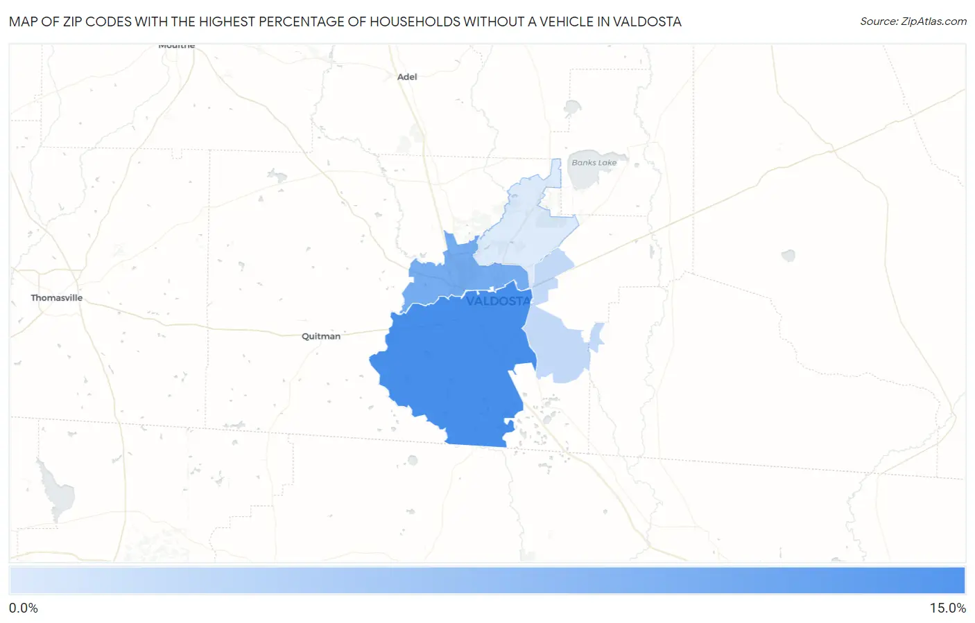 Zip Codes with the Highest Percentage of Households Without a Vehicle in Valdosta Map