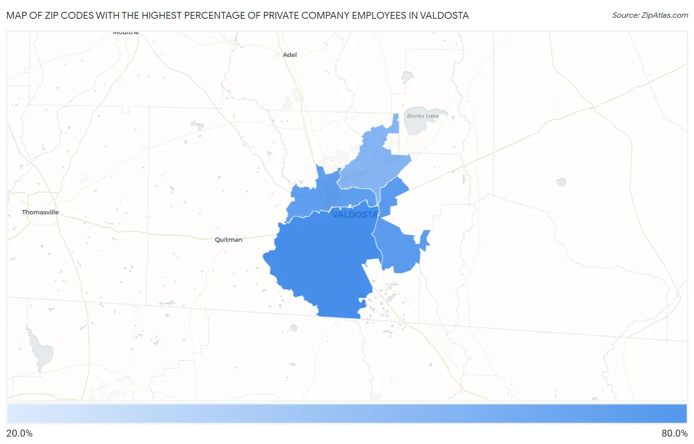 Zip Codes with the Highest Percentage of Private Company Employees in Valdosta Map