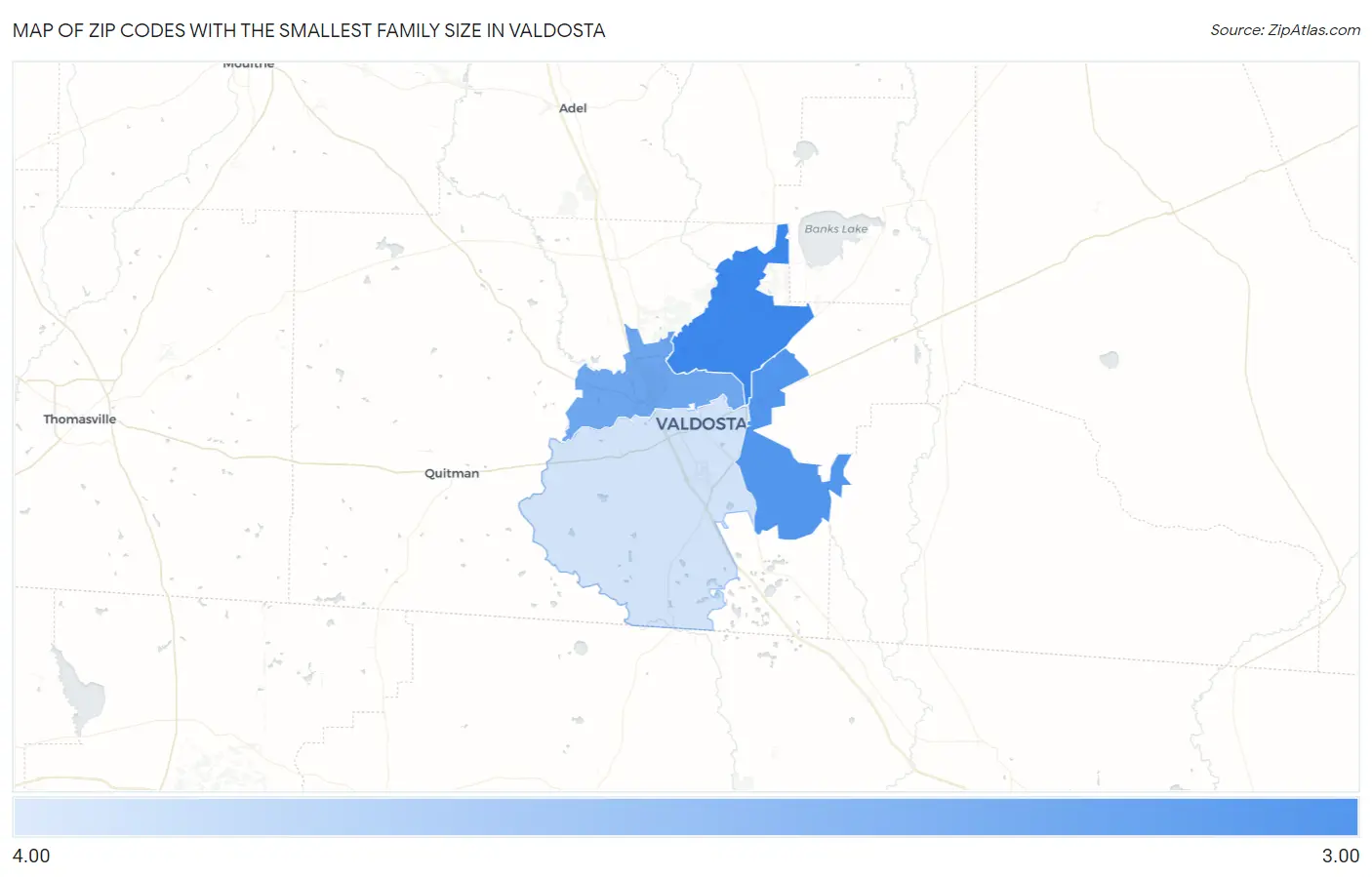 Zip Codes with the Smallest Family Size in Valdosta Map