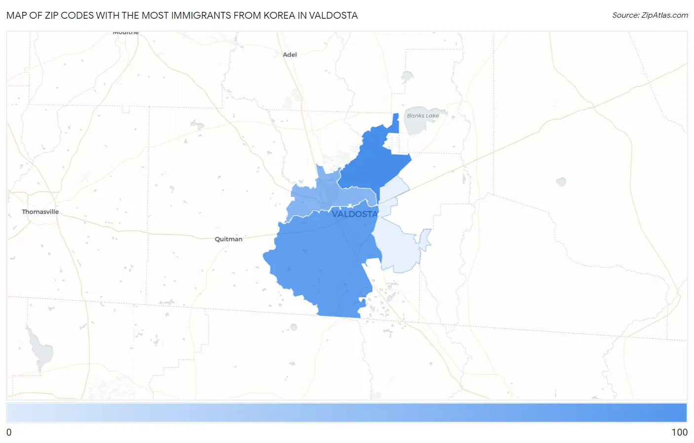 Zip Codes with the Most Immigrants from Korea in Valdosta Map