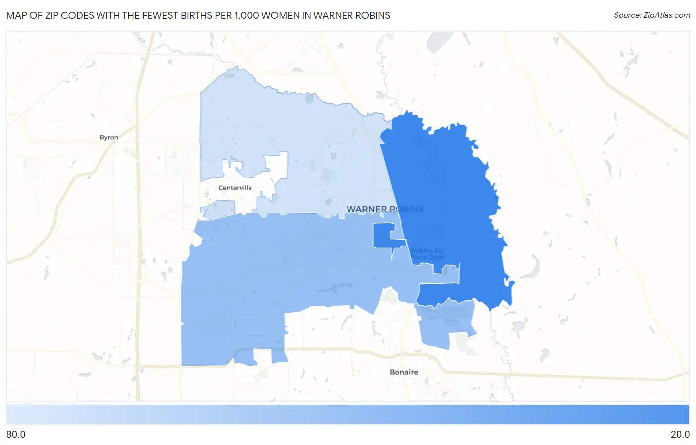 Zip Codes with the Fewest Births per 1,000 Women in Warner Robins Map