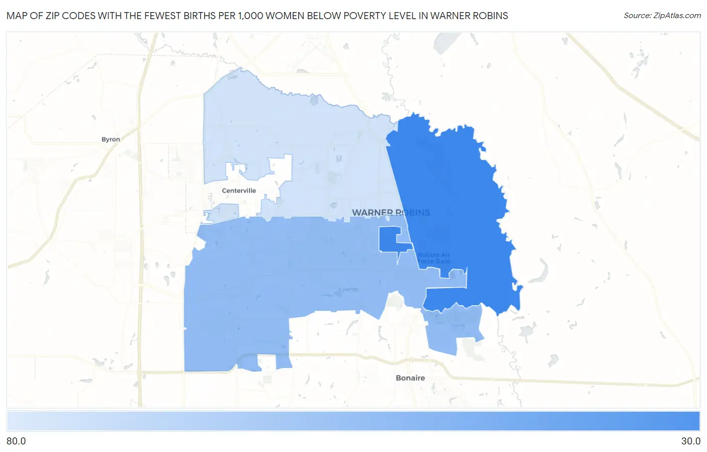 Zip Codes with the Fewest Births per 1,000 Women Below Poverty Level in Warner Robins Map