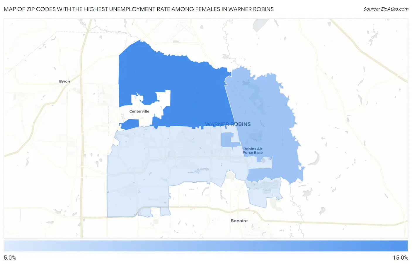 Zip Codes with the Highest Unemployment Rate Among Females in Warner Robins Map