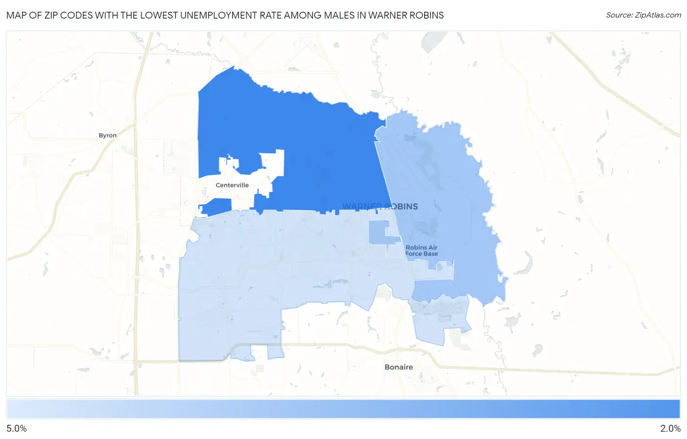 Zip Codes with the Lowest Unemployment Rate Among Males in Warner Robins Map