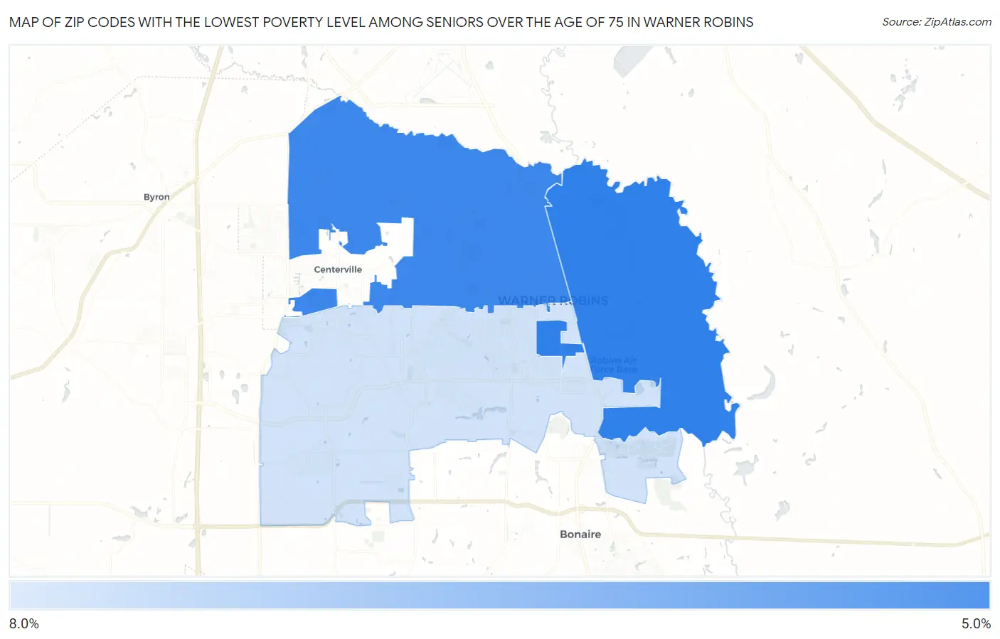 Zip Codes with the Lowest Poverty Level Among Seniors Over the Age of 75 in Warner Robins Map