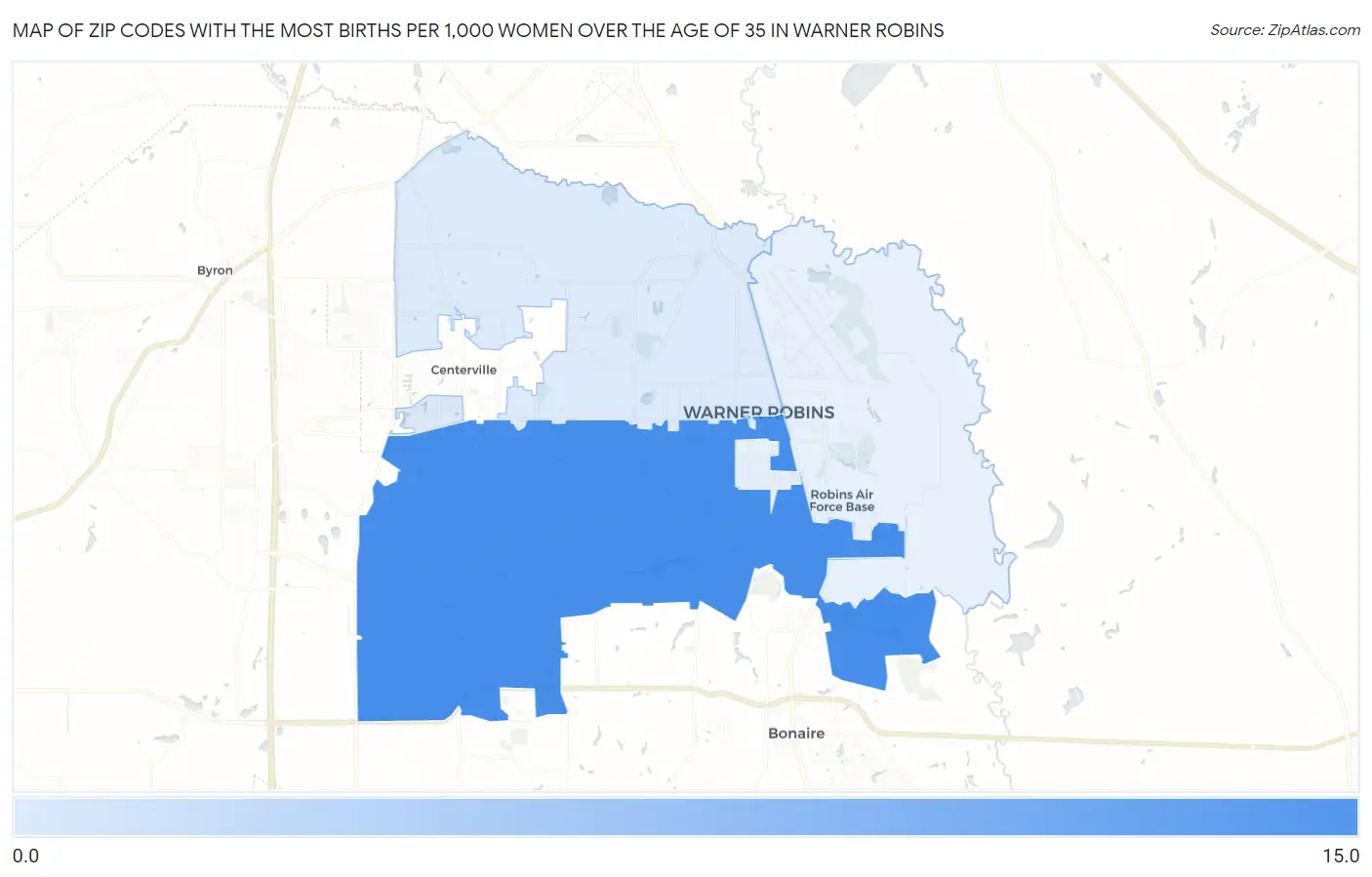 Zip Codes with the Most Births per 1,000 Women Over the Age of 35 in Warner Robins Map