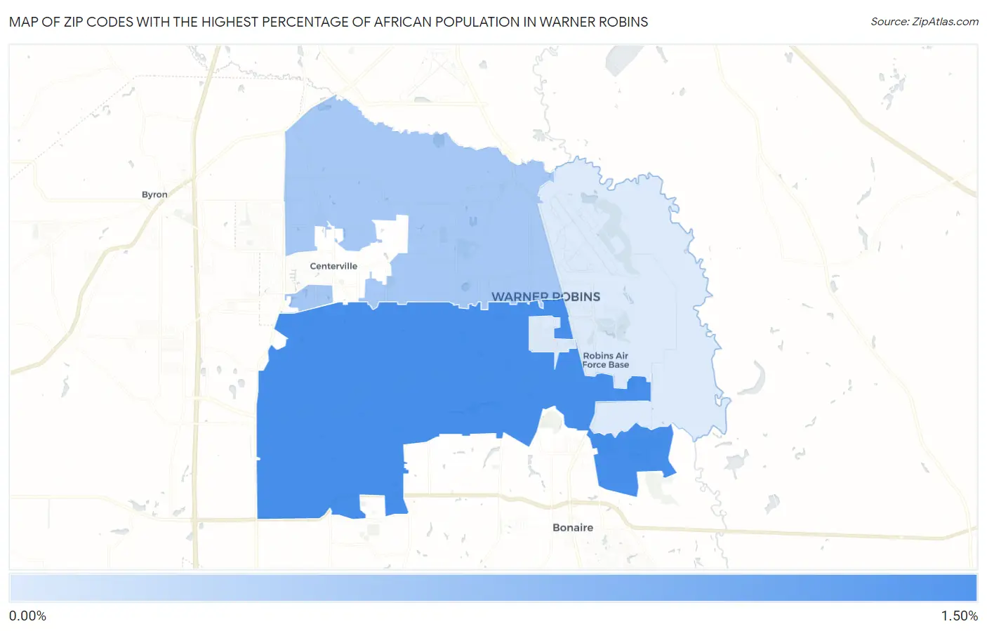 Zip Codes with the Highest Percentage of African Population in Warner Robins Map