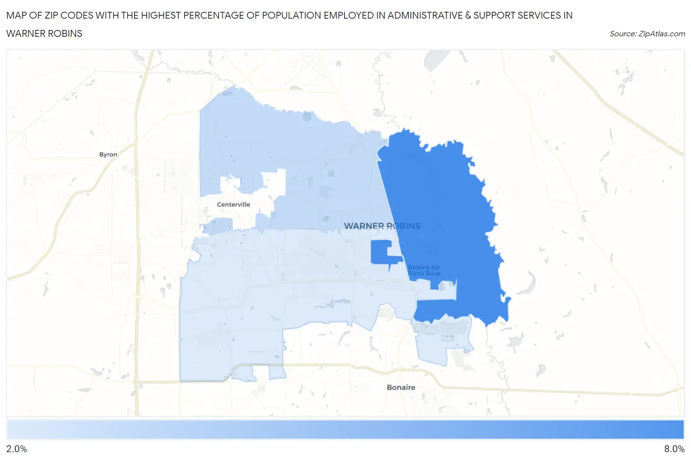Zip Codes with the Highest Percentage of Population Employed in Administrative & Support Services in Warner Robins Map