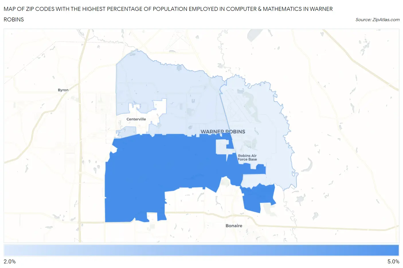 Zip Codes with the Highest Percentage of Population Employed in Computer & Mathematics in Warner Robins Map
