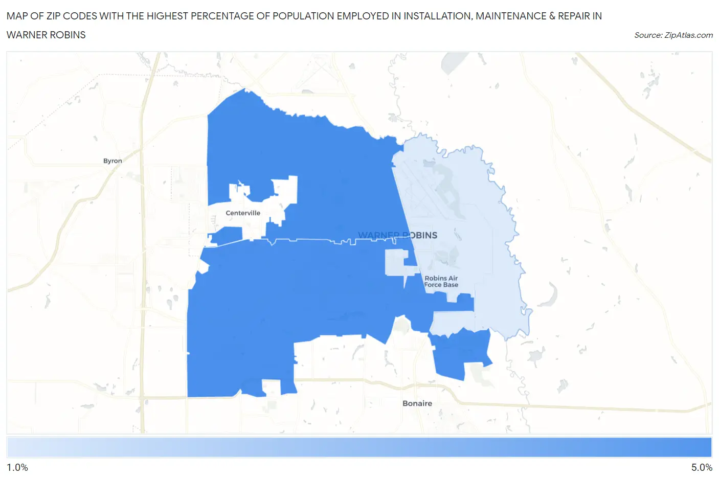 Zip Codes with the Highest Percentage of Population Employed in Installation, Maintenance & Repair in Warner Robins Map