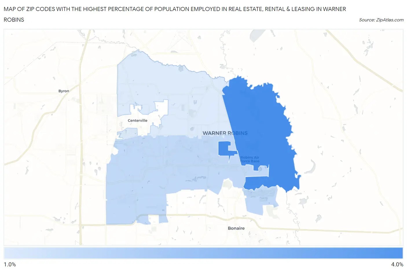 Zip Codes with the Highest Percentage of Population Employed in Real Estate, Rental & Leasing in Warner Robins Map