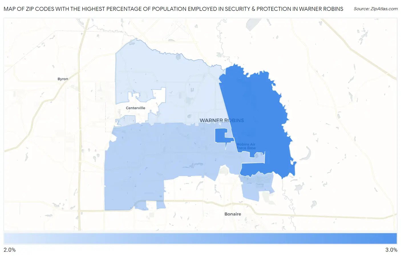 Zip Codes with the Highest Percentage of Population Employed in Security & Protection in Warner Robins Map