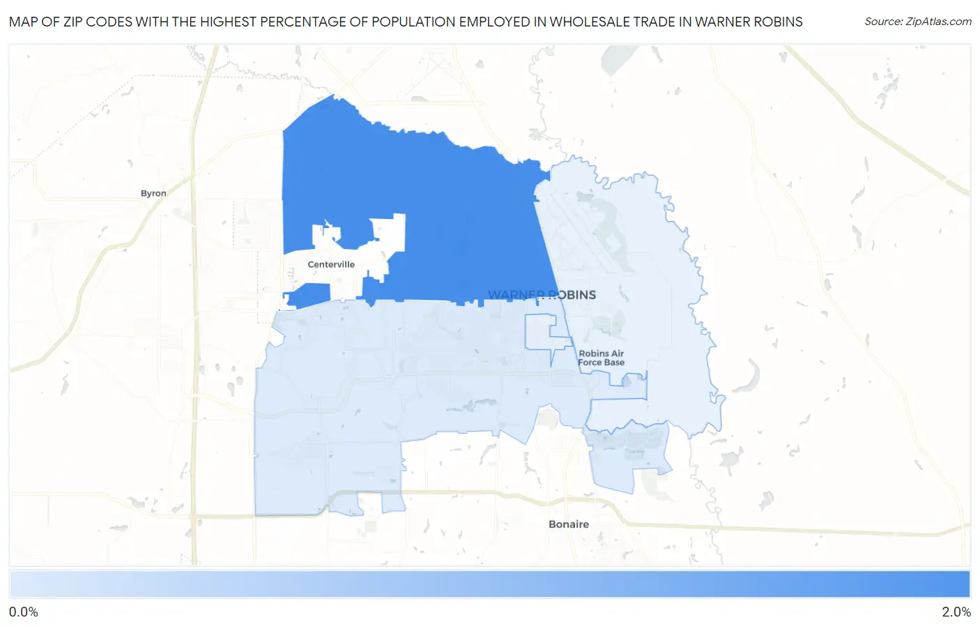 Zip Codes with the Highest Percentage of Population Employed in Wholesale Trade in Warner Robins Map
