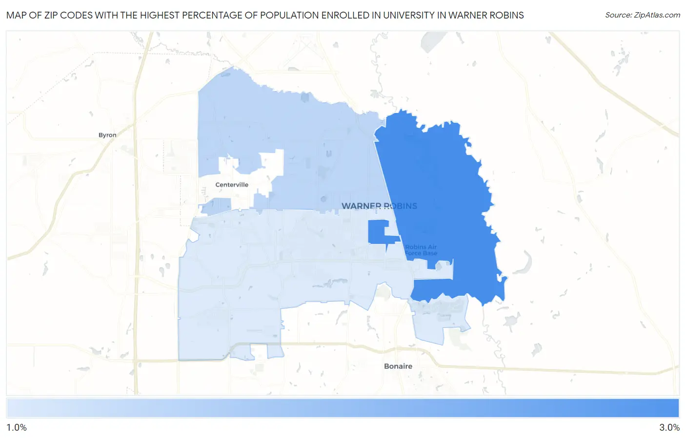 Zip Codes with the Highest Percentage of Population Enrolled in University in Warner Robins Map