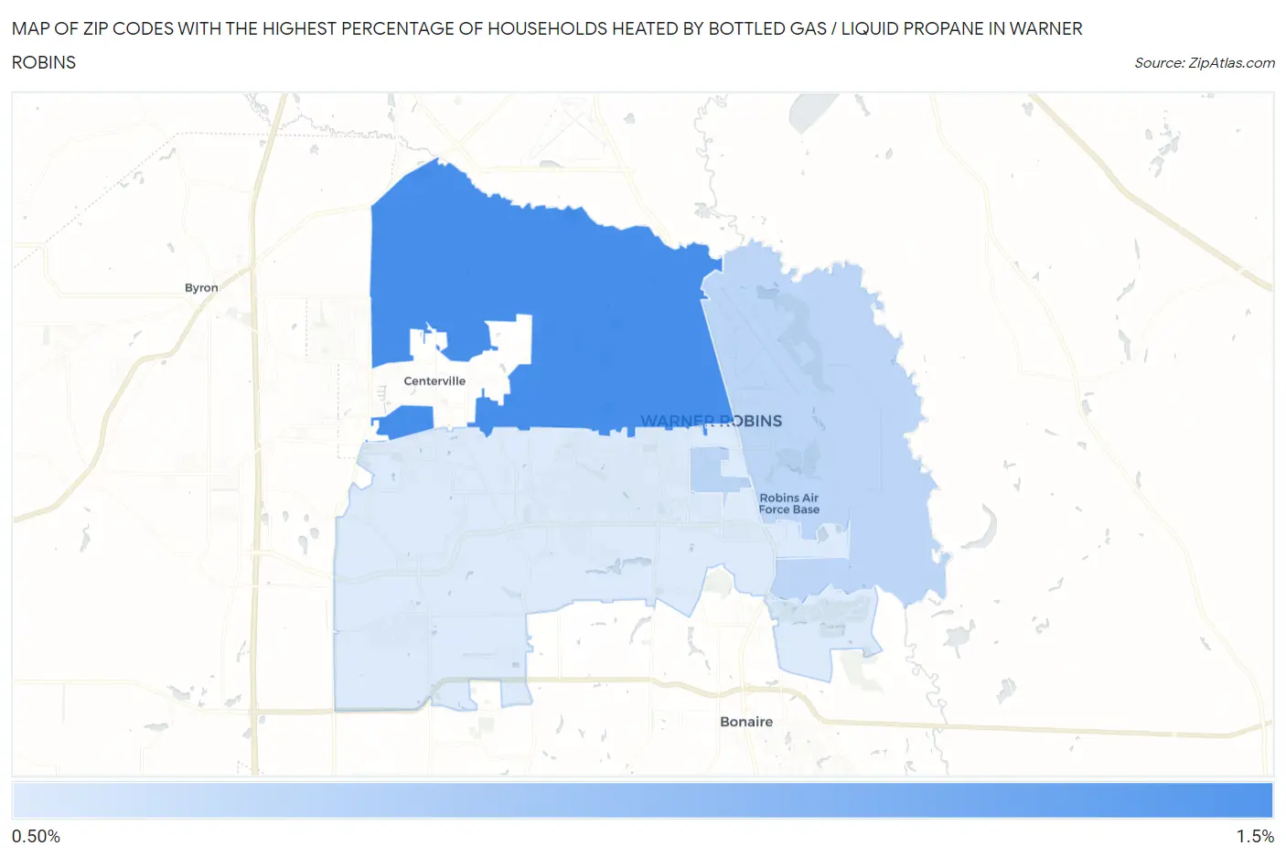 Zip Codes with the Highest Percentage of Households Heated by Bottled Gas / Liquid Propane in Warner Robins Map