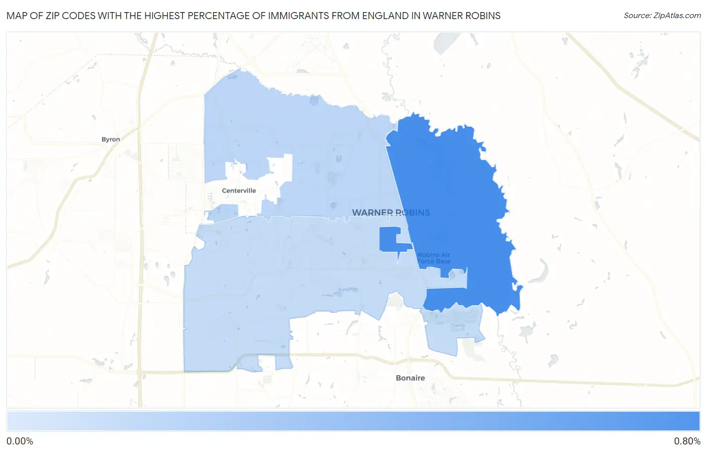 Zip Codes with the Highest Percentage of Immigrants from England in Warner Robins Map
