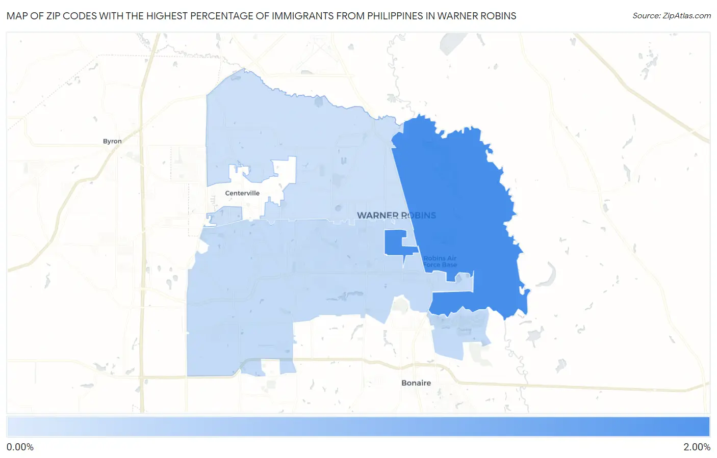 Zip Codes with the Highest Percentage of Immigrants from Philippines in Warner Robins Map
