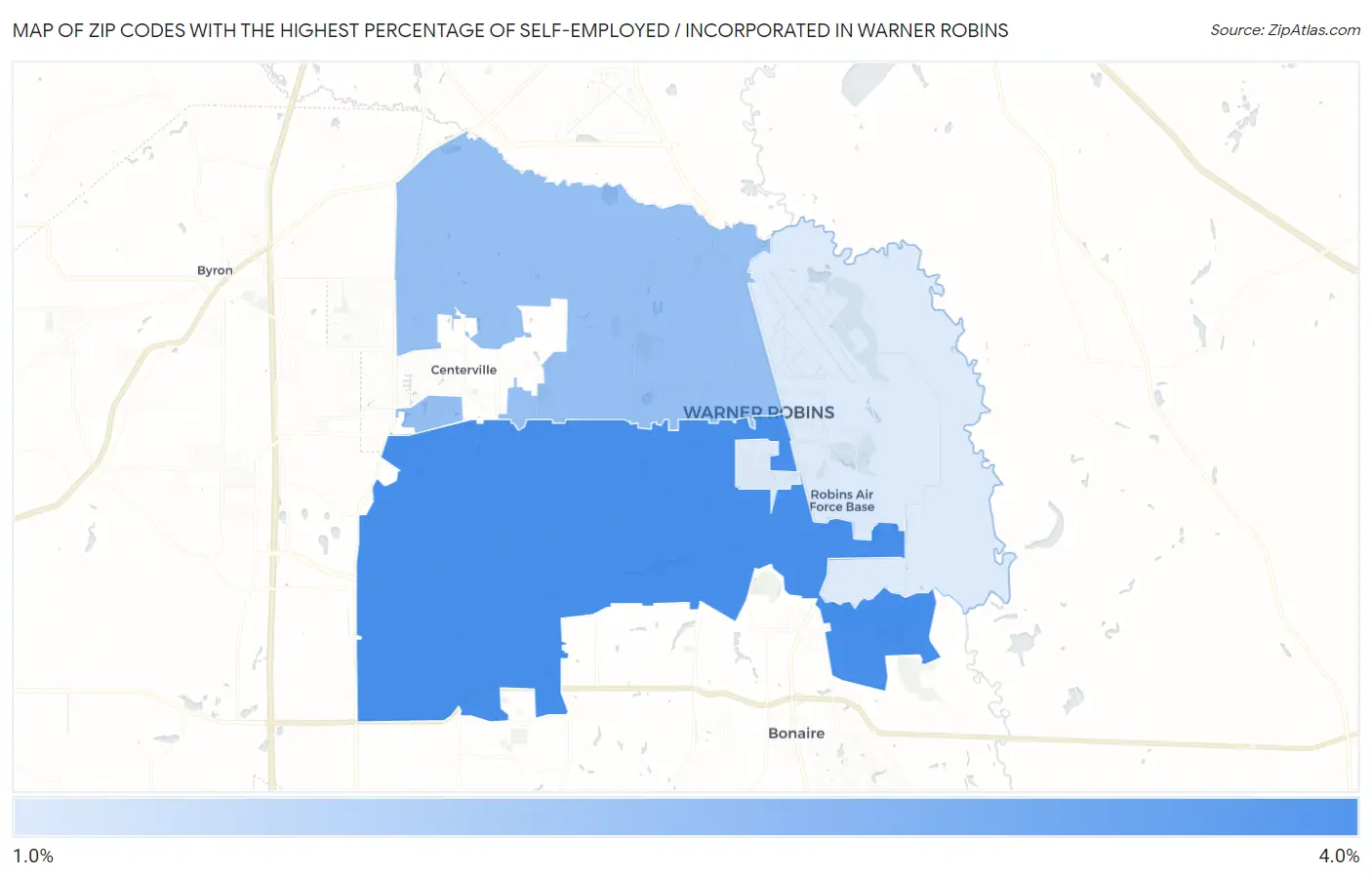 Zip Codes with the Highest Percentage of Self-Employed / Incorporated in Warner Robins Map