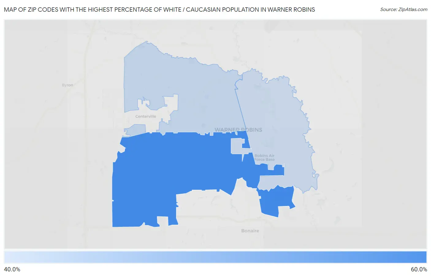 Zip Codes with the Highest Percentage of White / Caucasian Population in Warner Robins Map
