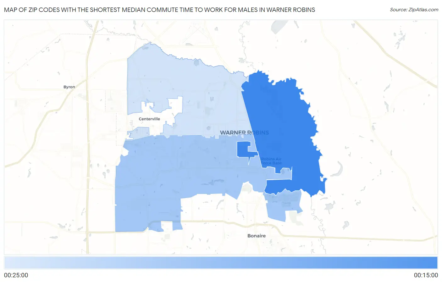 Zip Codes with the Shortest Median Commute Time to Work for Males in Warner Robins Map