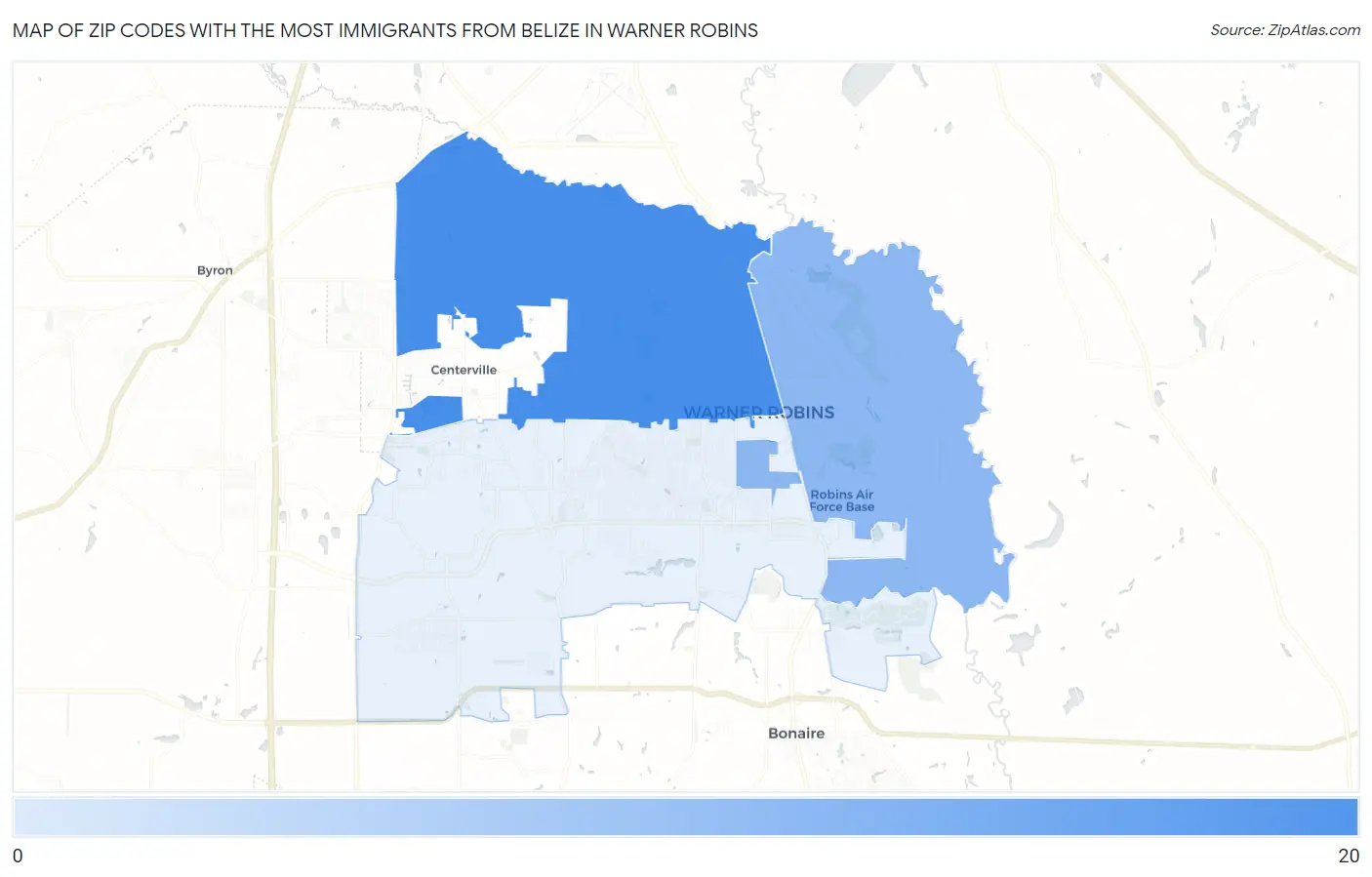Zip Codes with the Most Immigrants from Belize in Warner Robins Map