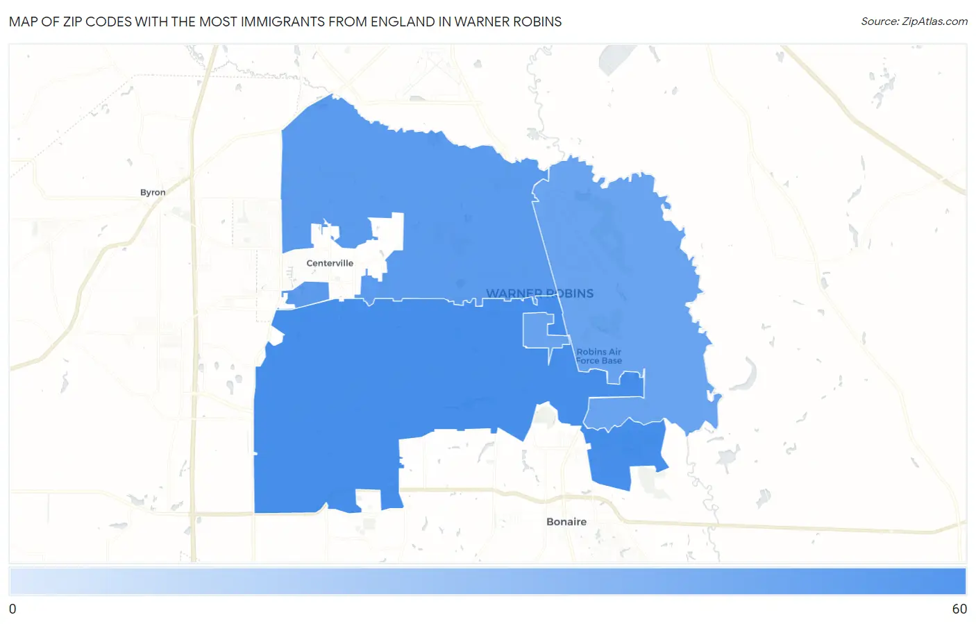Zip Codes with the Most Immigrants from England in Warner Robins Map