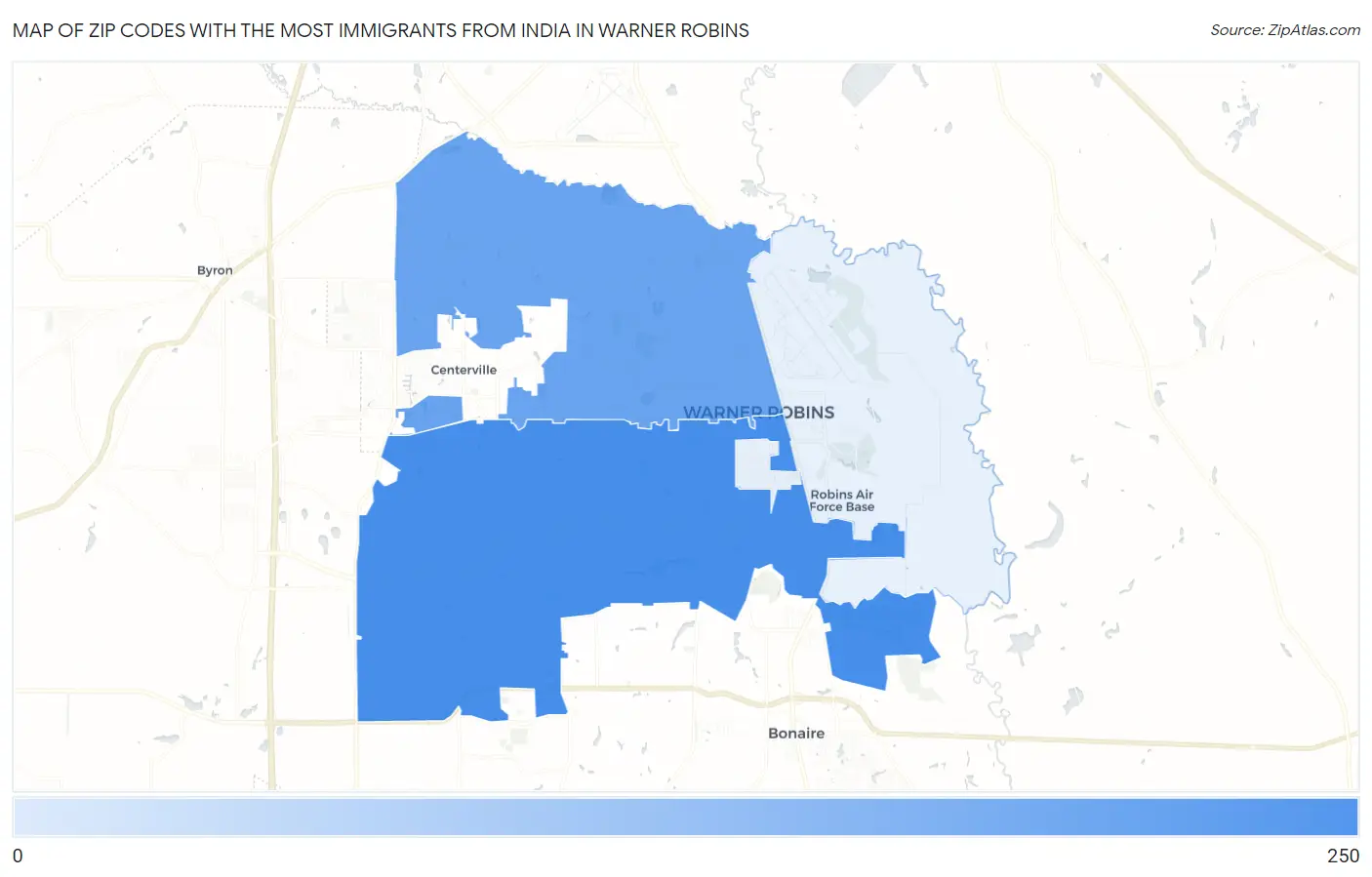 Zip Codes with the Most Immigrants from India in Warner Robins Map