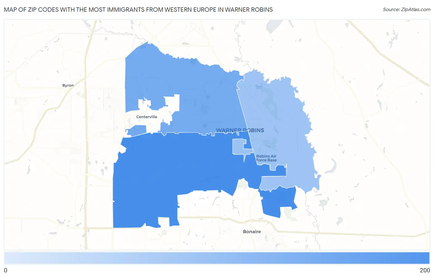 Zip Codes with the Most Immigrants from Western Europe in Warner Robins Map