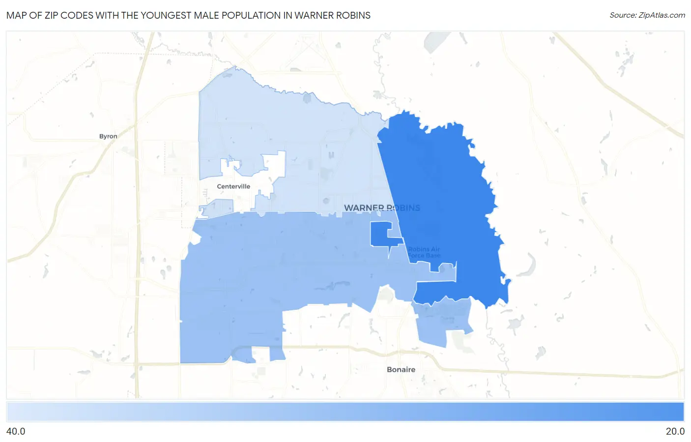 Zip Codes with the Youngest Male Population in Warner Robins Map