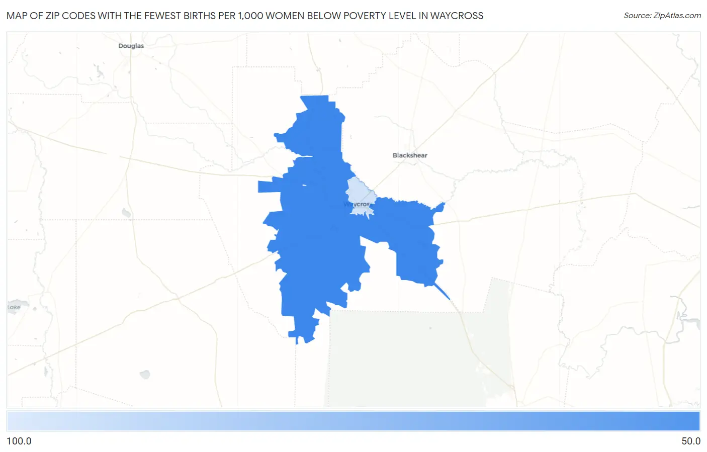 Zip Codes with the Fewest Births per 1,000 Women Below Poverty Level in Waycross Map
