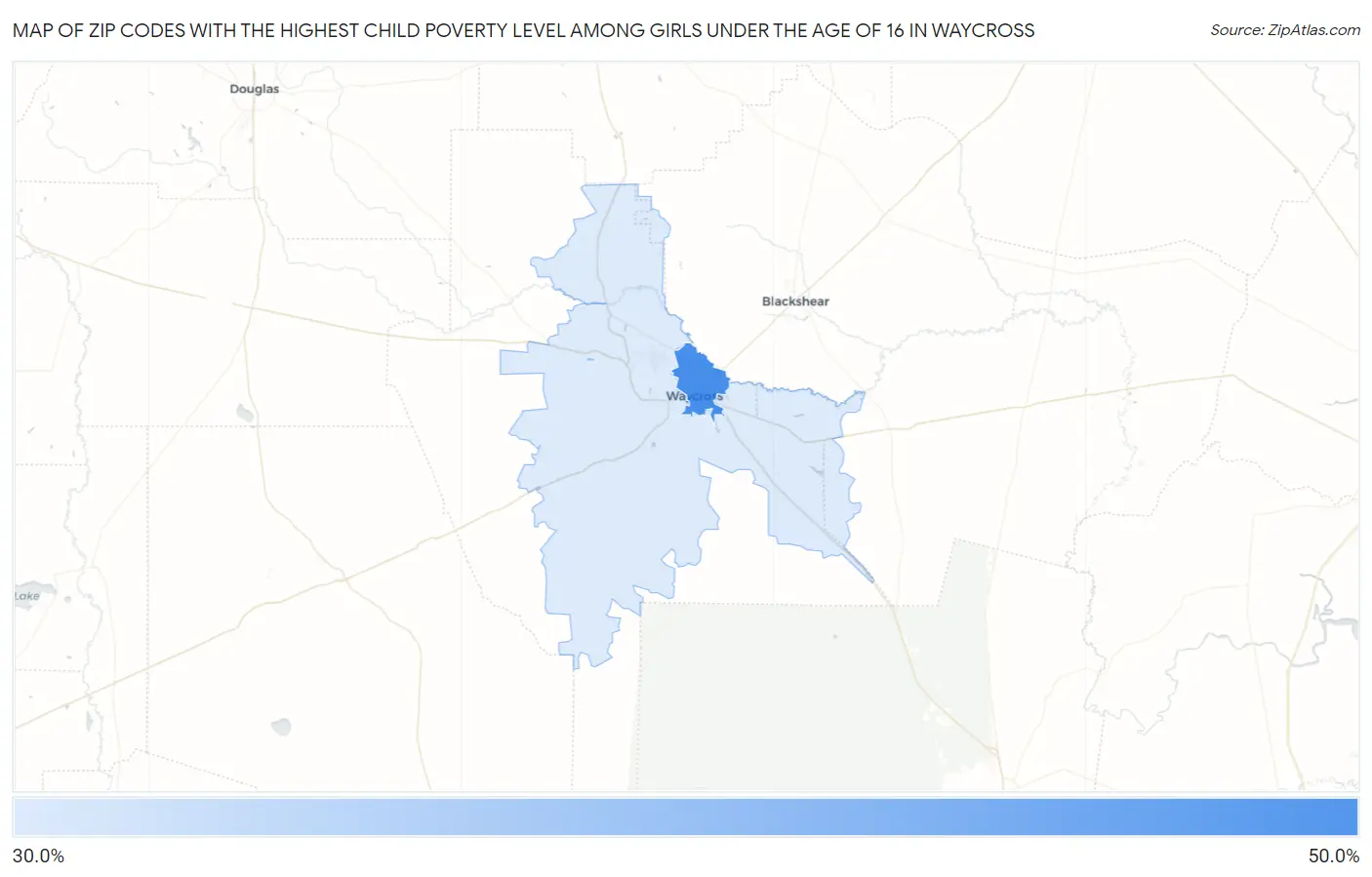 Zip Codes with the Highest Child Poverty Level Among Girls Under the Age of 16 in Waycross Map