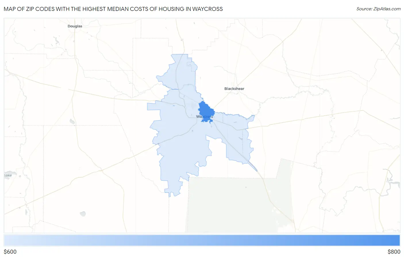 Zip Codes with the Highest Median Costs of Housing in Waycross Map