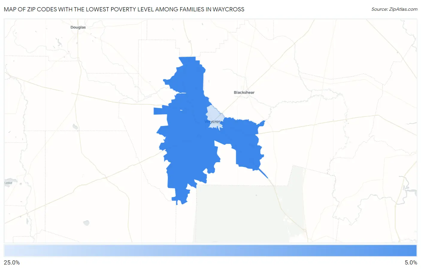 Zip Codes with the Lowest Poverty Level Among Families in Waycross Map
