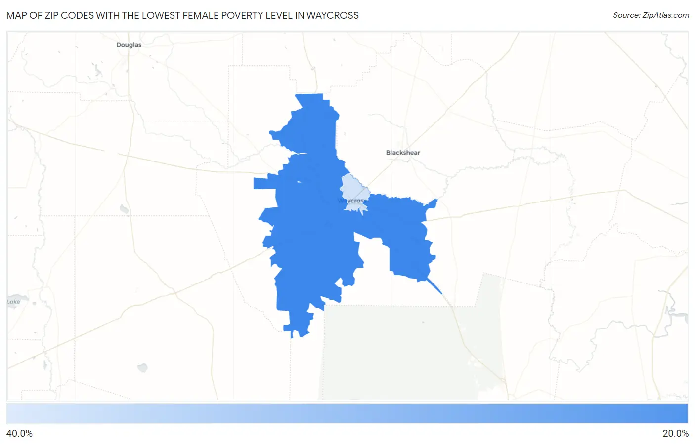 Zip Codes with the Lowest Female Poverty Level in Waycross Map