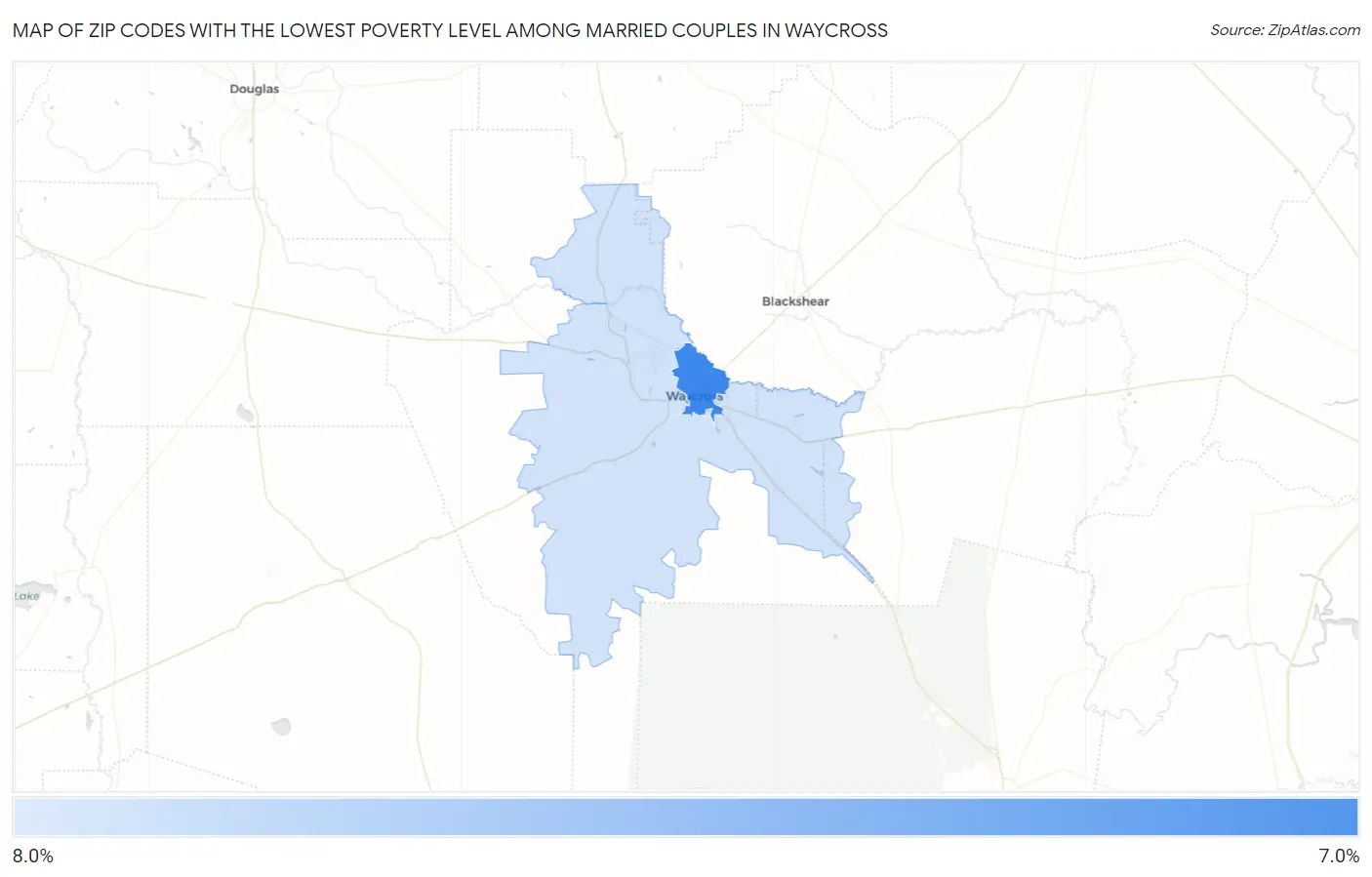 Zip Codes with the Lowest Poverty Level Among Married Couples in Waycross Map