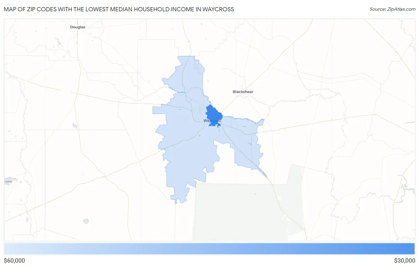 Zip Codes with the Lowest Median Household Income in Waycross Map