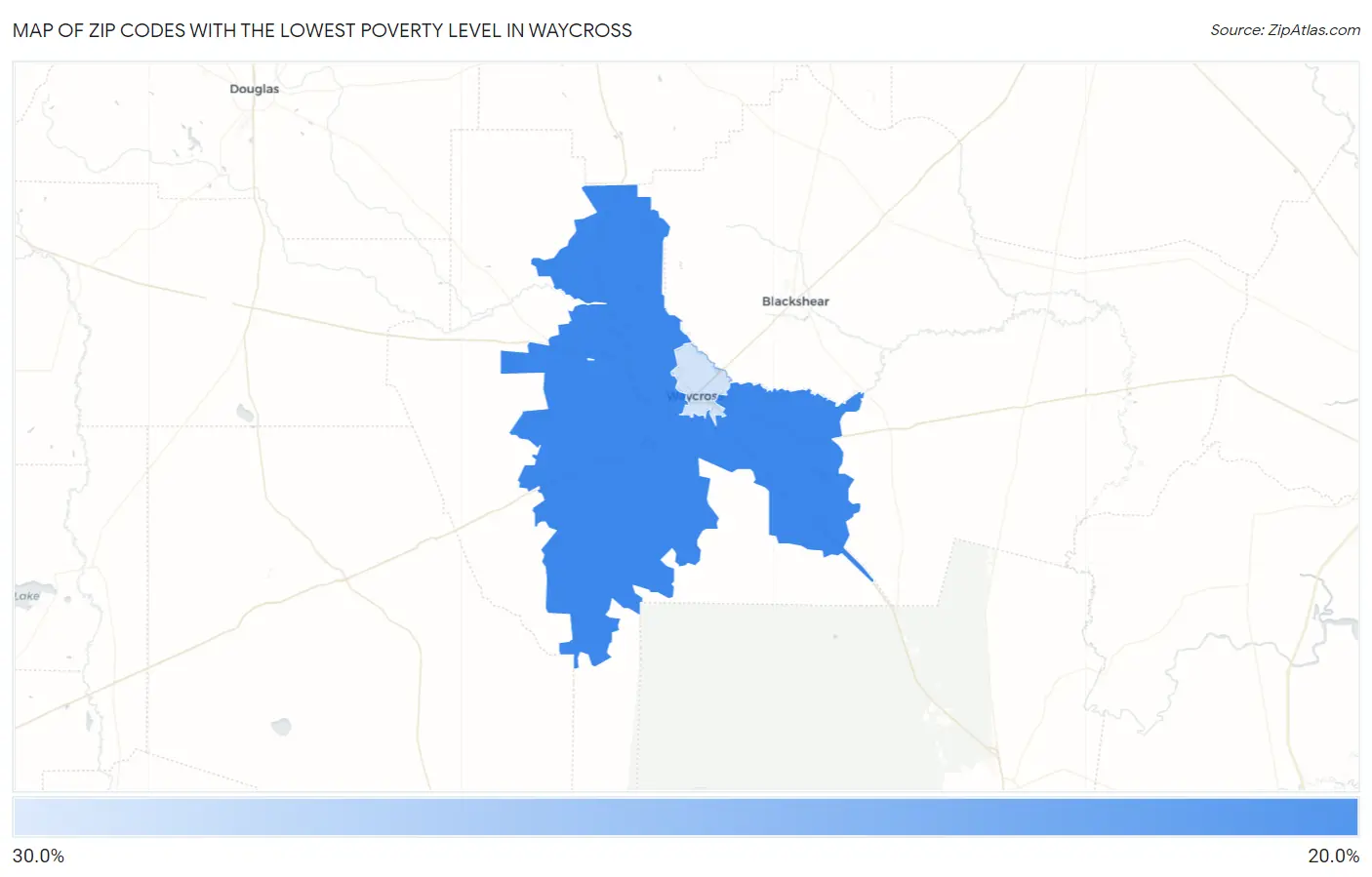 Zip Codes with the Lowest Poverty Level in Waycross Map