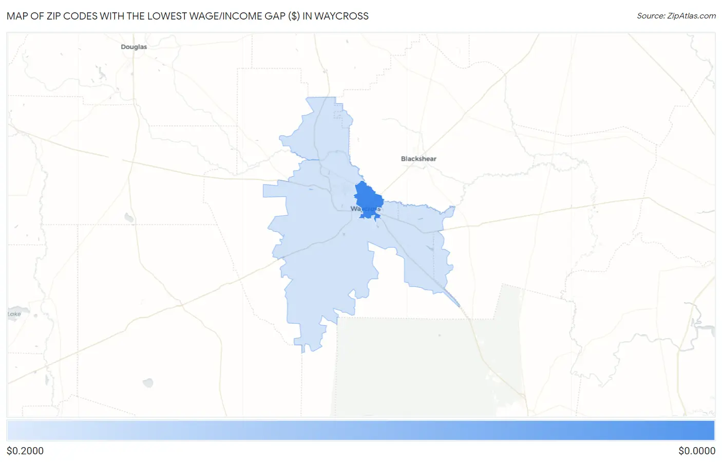 Zip Codes with the Lowest Wage/Income Gap ($) in Waycross Map