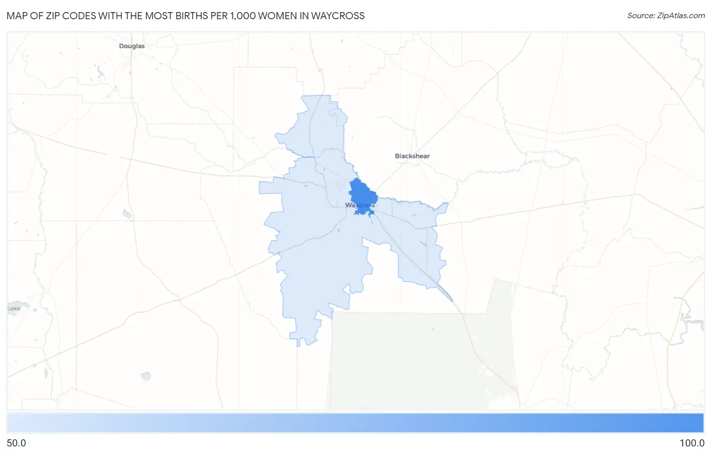 Zip Codes with the Most Births per 1,000 Women in Waycross Map
