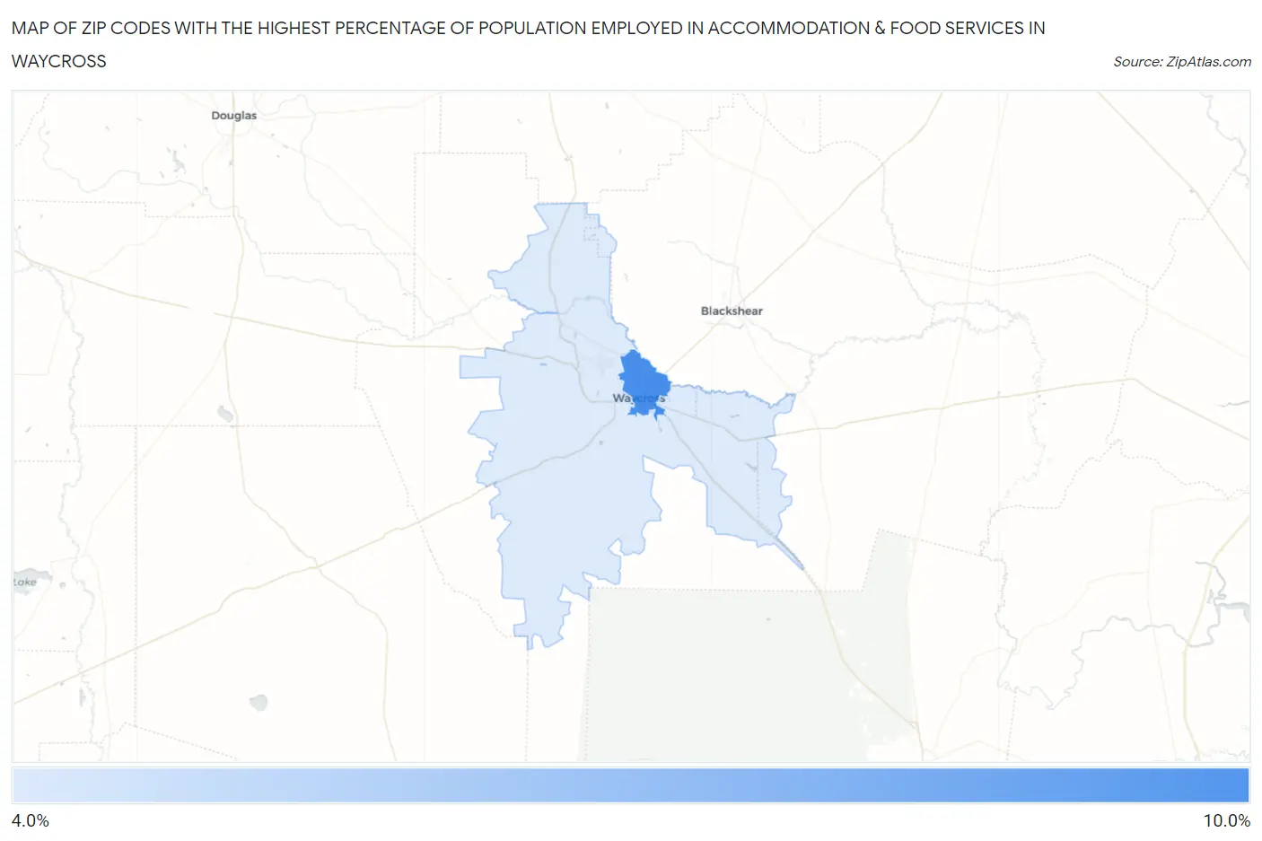 Zip Codes with the Highest Percentage of Population Employed in Accommodation & Food Services in Waycross Map
