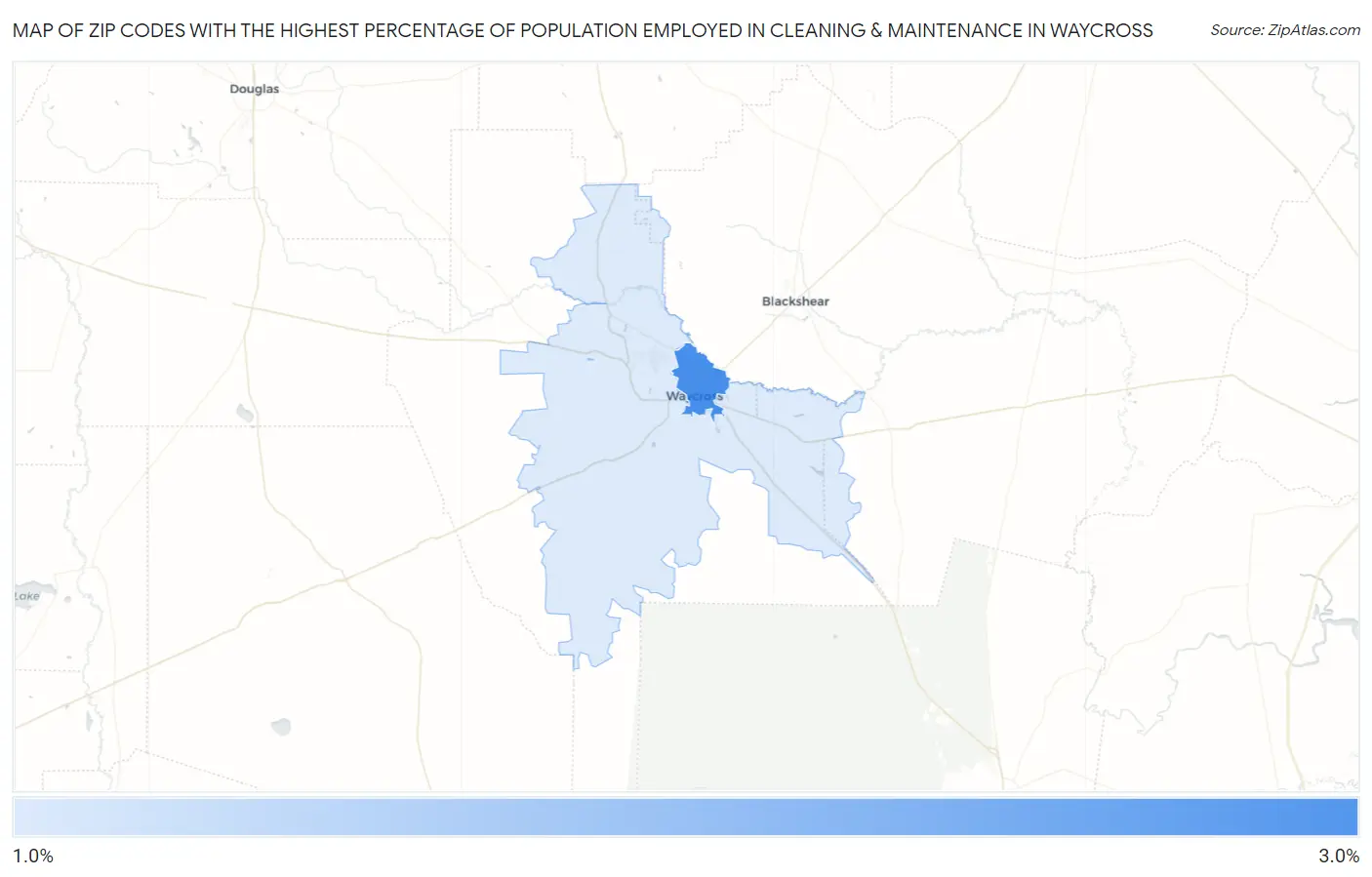 Zip Codes with the Highest Percentage of Population Employed in Cleaning & Maintenance in Waycross Map